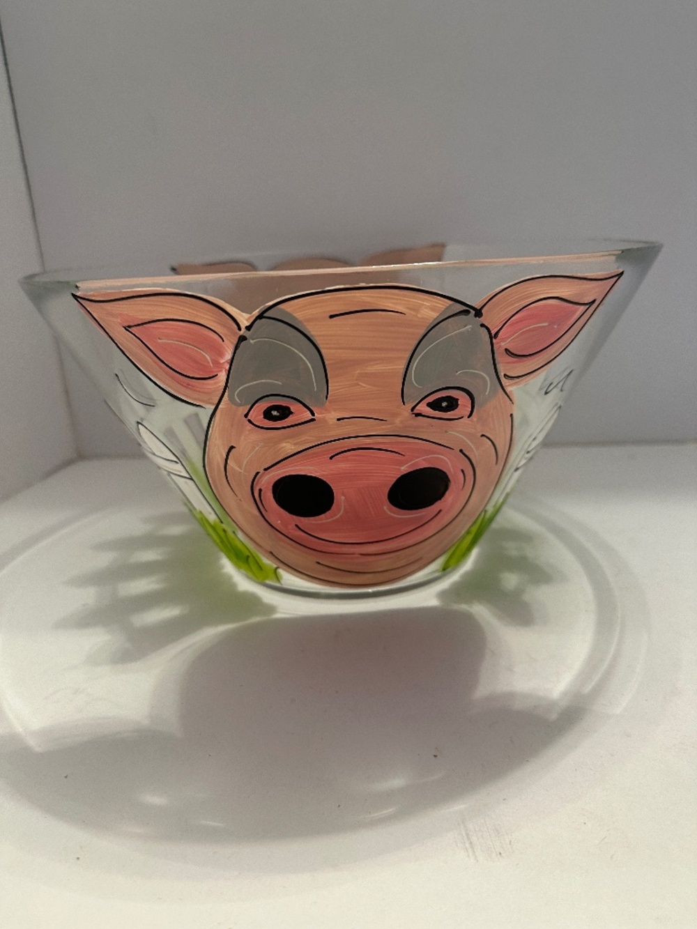 Hand-Painted Pig on Clear Glass Serving Bowl
